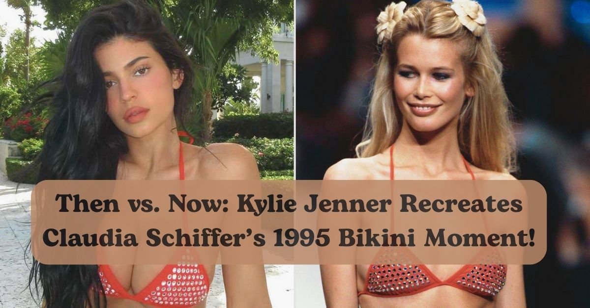 Kylie Jenner stuns in a vintage red Chanel bikini first worn by Claudia Schiffer in 1995.