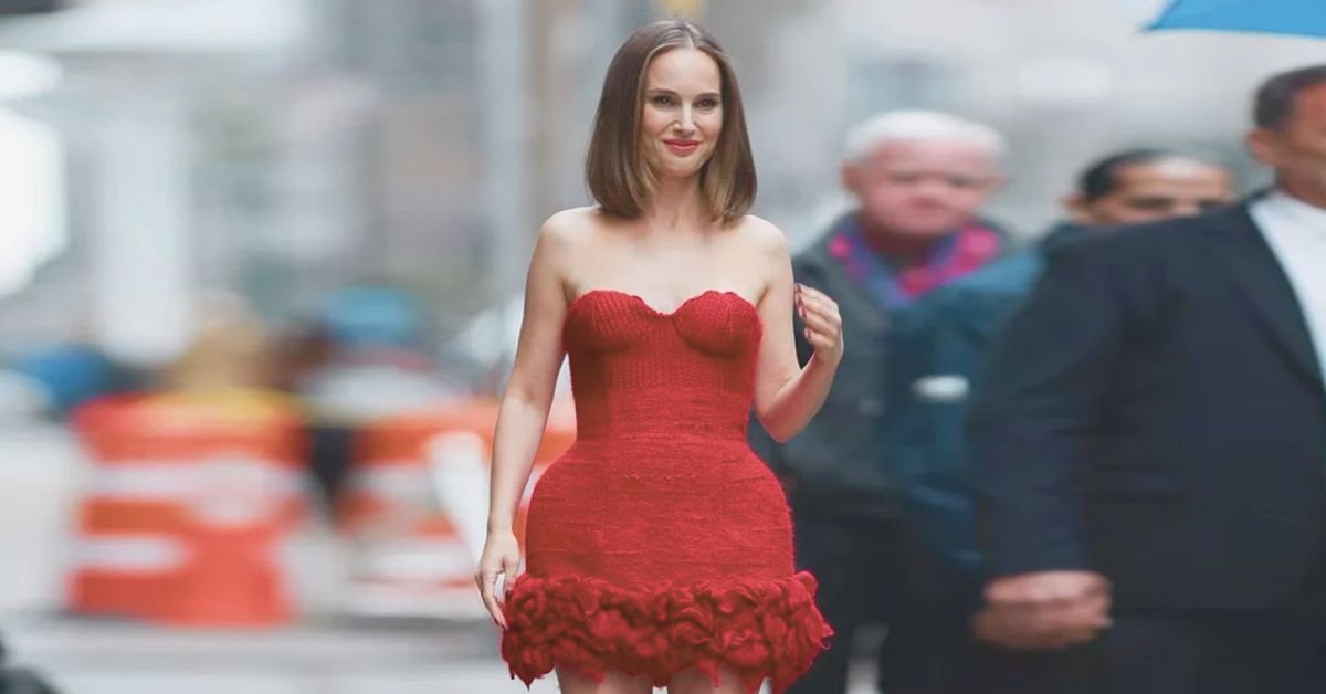 Natalie Portman Turns Heads in a Red Yarn Bubble Minidress That Redefines Celebrity Style 2 Natalie Portman Wears a Red Bubble Minidress Entirely Made of Yarn 1