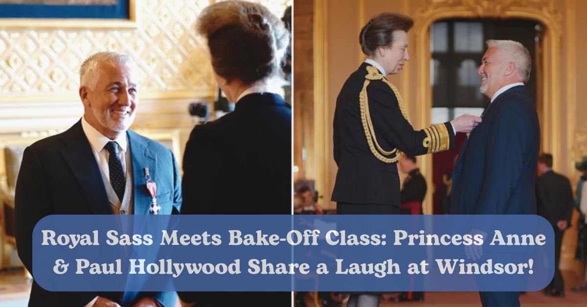 Princess Anne teases Paul Hollywood about his tan at Windsor Castle MBE ceremony.